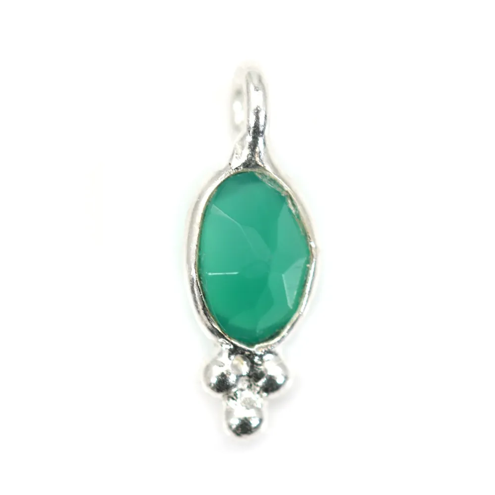 Breloque Agate verte ovale facettée serti argent 925 4x11mm x 1pc
