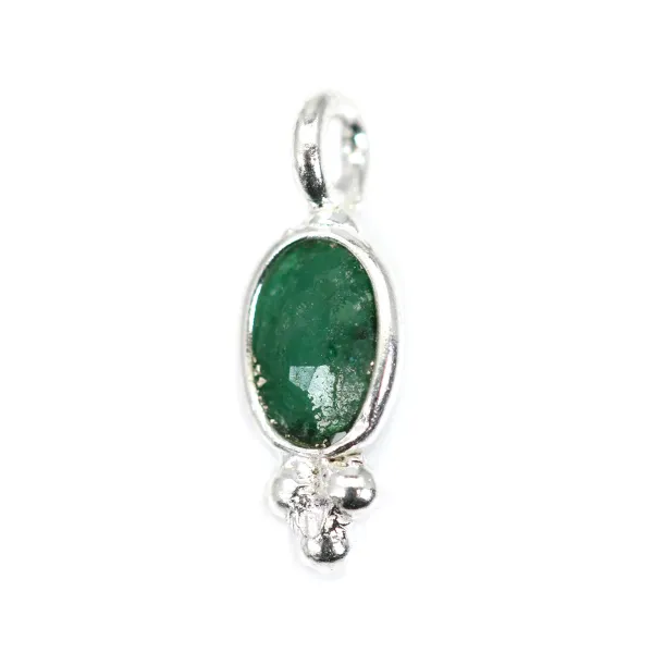 Breloque Pierre teintée couleur émeraude ovale facettée serti argent 925 4x11mm x 1pc