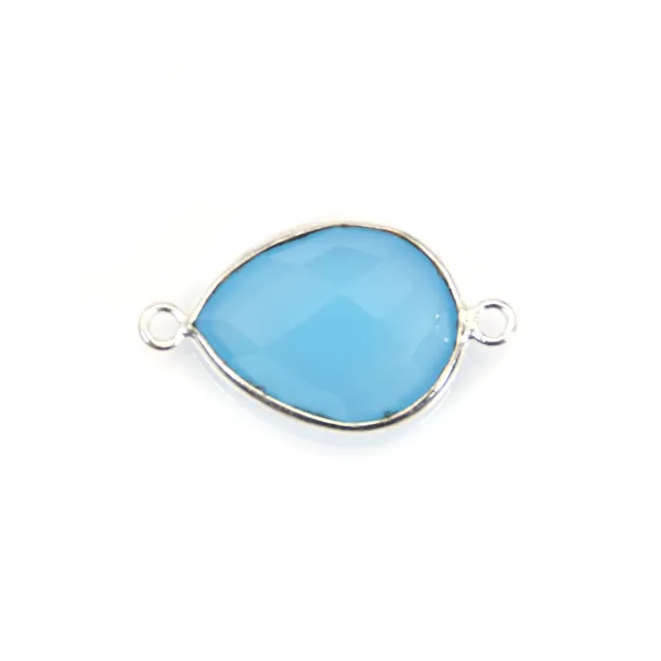 Calcédoine bleu goutte facettée sertie sur argent 2 anneaux 11x15mm x 1pc