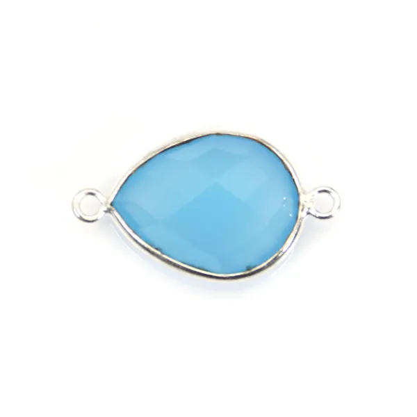 Calcédoine bleu goutte facettée sertie sur argent 2 anneaux 13x17mm x 1pc