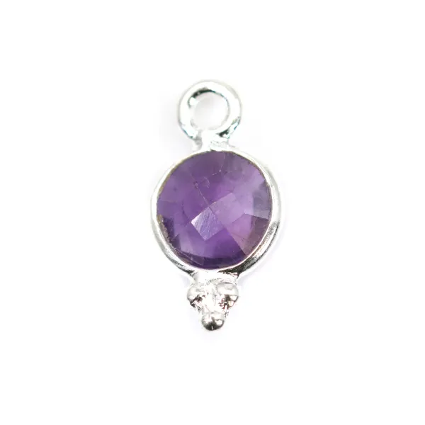 Round faceted Amethyst charm set in 925 silver 7x13mm x 1pc