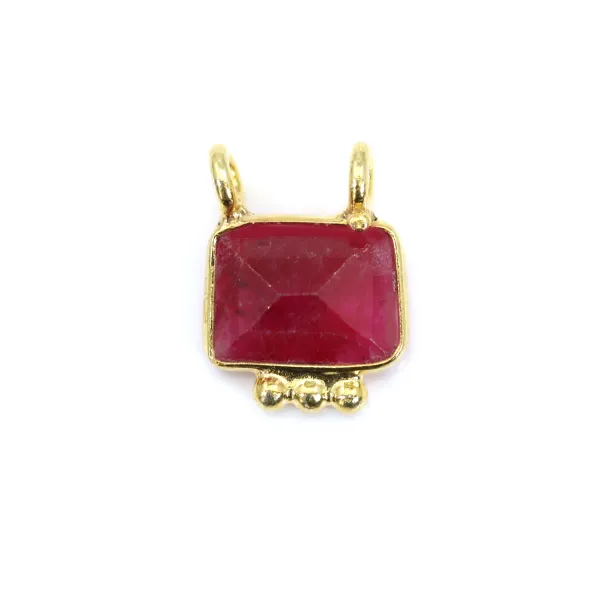Charm Ruby-Tinted Stone Rectangle Set in 925 Silver Gilded with Fine Gold - 2 Rings - 8x11mm x 1pc