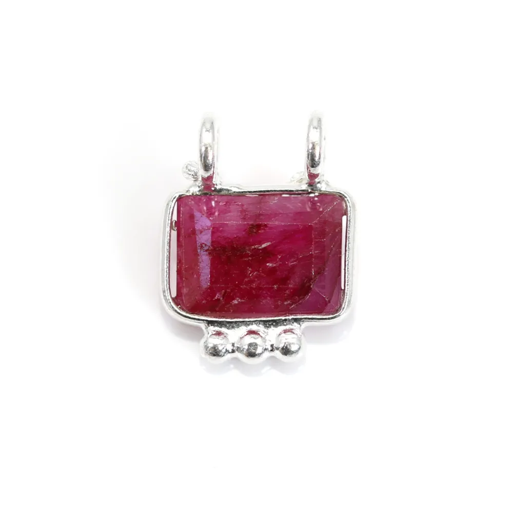 Breloque Pierre teintée rubis rectangle serti argent 925 - 2 anneaux - 8x10mm x 1pc