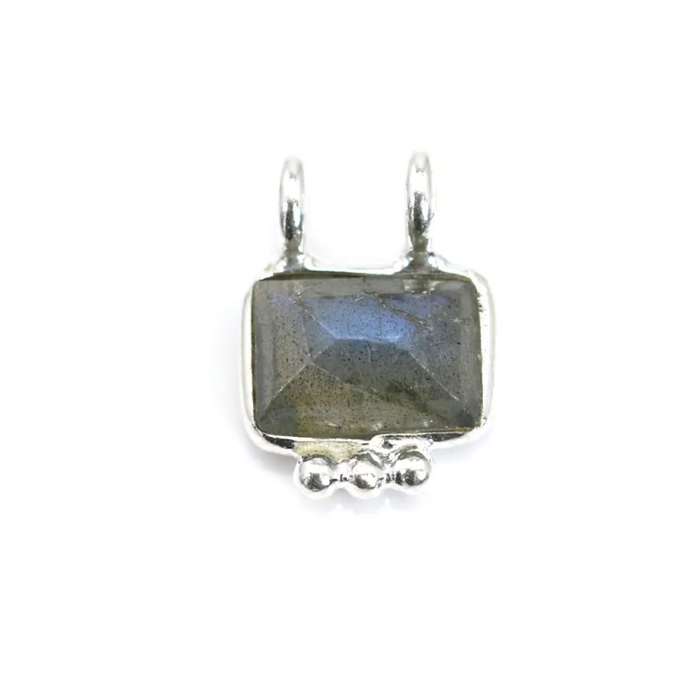 Charm in labradorite rettangolare in argento 925 - 2 anelli - 8x10mm x 1 pezzo