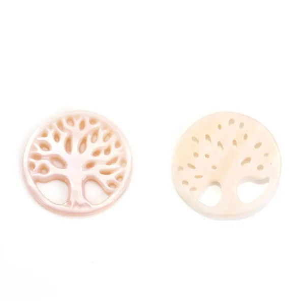 Nacre rose et ronde avec arbre de vie 17mm x 1pc