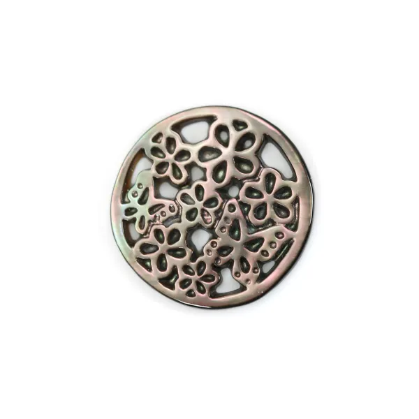 Nacre grise et ronde avec fleurs et papillons ajourés 18mm x 1pc