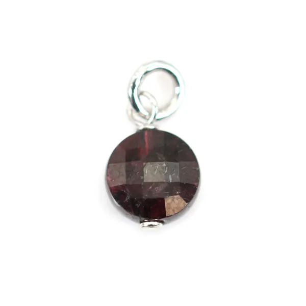 Round flat garnet charm 6mm Silver Rhodium x 1pc