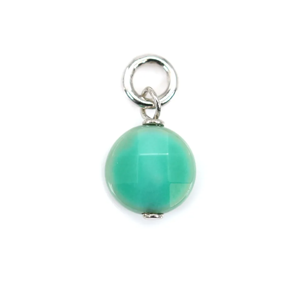 Gras Achat Charm runde flache facettierte 6mm - Rhodiniertes Silber x 1St