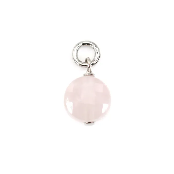 Charm rotondo piatto sfaccettato di quarzo rosa 6 mm - Argento rodiato x 1 pz