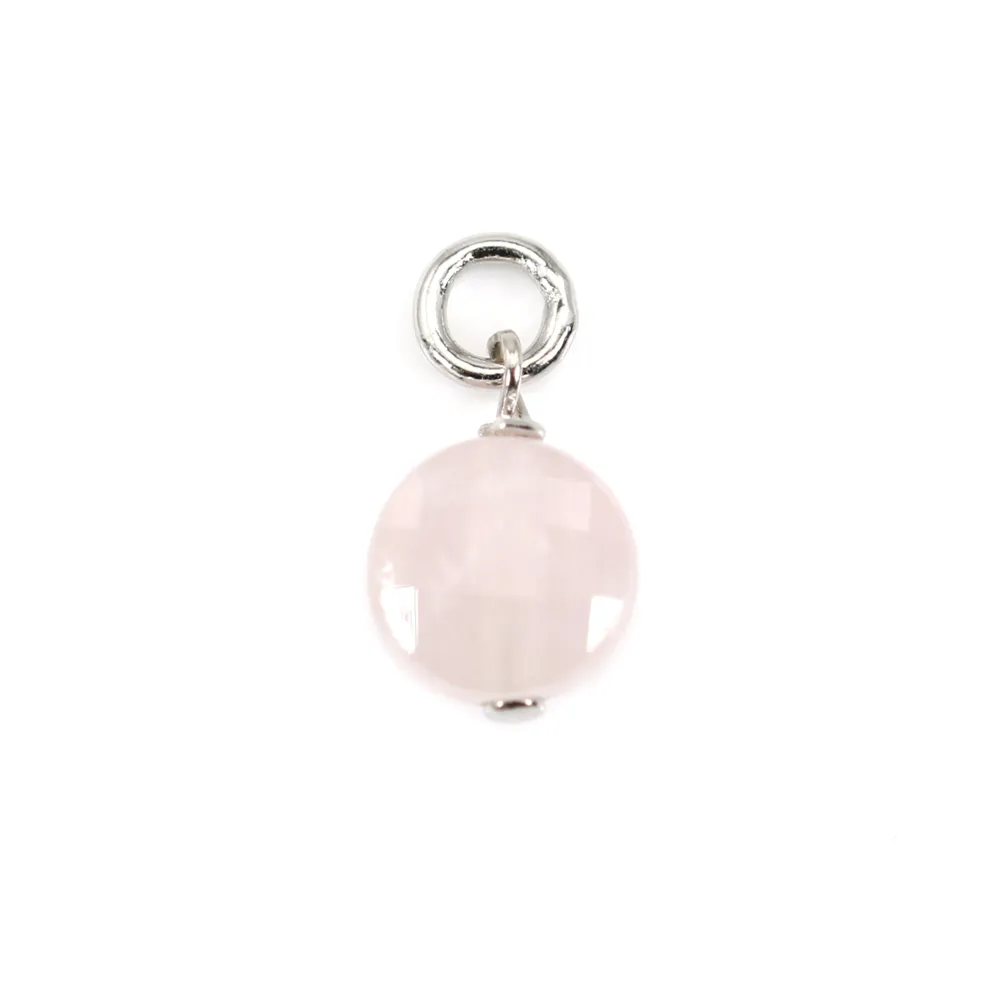 Dije de Cuarzo Rosa Facetado Plano Redondo 6mm - Plata Rodio x 1pc