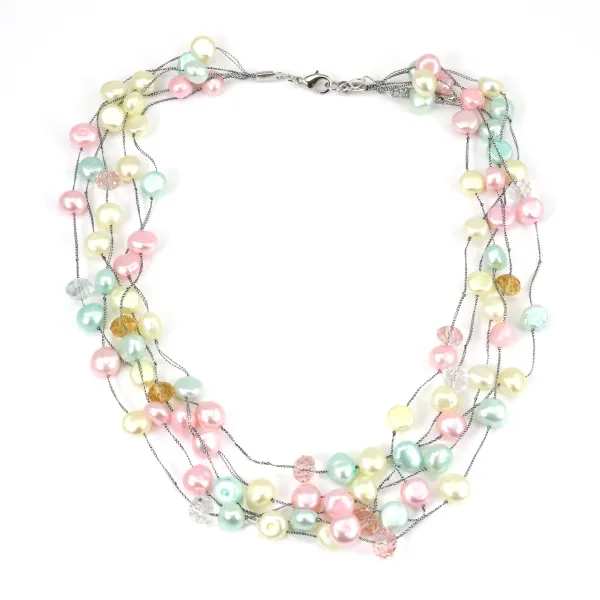 Collier perles d'eau douce blanc bleu rose 5 rangs
