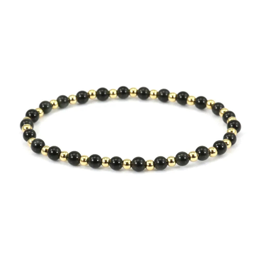 Bracelet obsidienne  4mm, avec perles dorées x 1pc