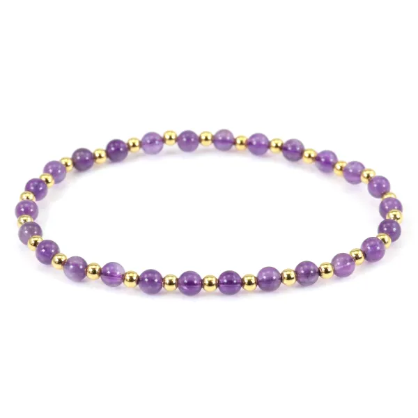 Bracelet améthyste  4mm, avec perles dorées x 1pc