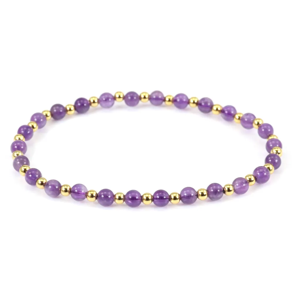Bracelet améthyste  4mm, avec perles dorées x 1pc