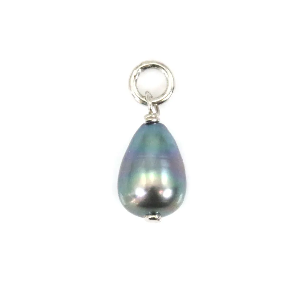 Freshwater Pearl Charm Blue Drop 6x8mm - Rhodium Silver x 1pc