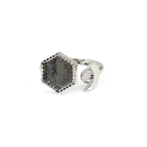 Anel ajustável para cabochão hexagonal e redondo - Prata x 1 unidade