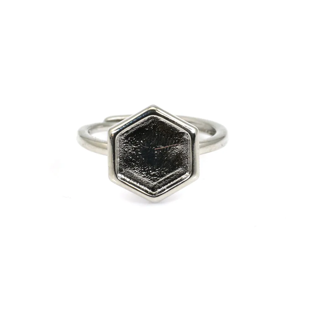 Anel ajustável para cabochão hexagonal de 10 mm - Prata x 1 unidade
