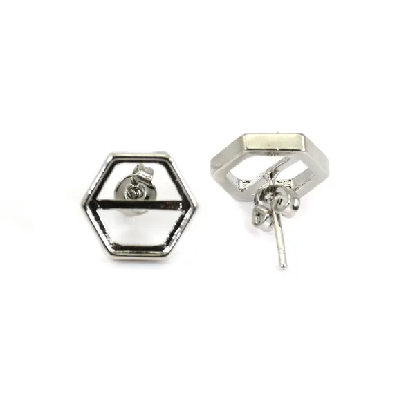 Brinco cabochão hexagonal 10mm - Prata x 2pcs