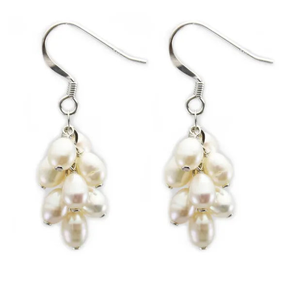 Boucle d'oreuille argent 925 perle d'eau douce blanc 6mm grappe de raisin  x 2pcs
