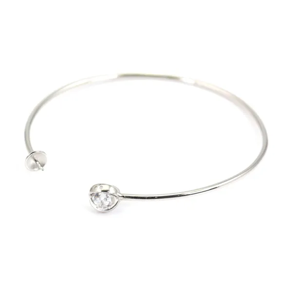 Rhodium 925 sterling silver and zirconium 60mm flexible bangle for half-driled beads x 1pc