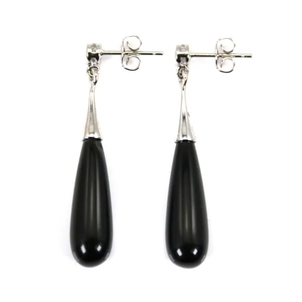 Earring Obsidian drop 7x23mm - Silver 925 Rhodium x 2pcs