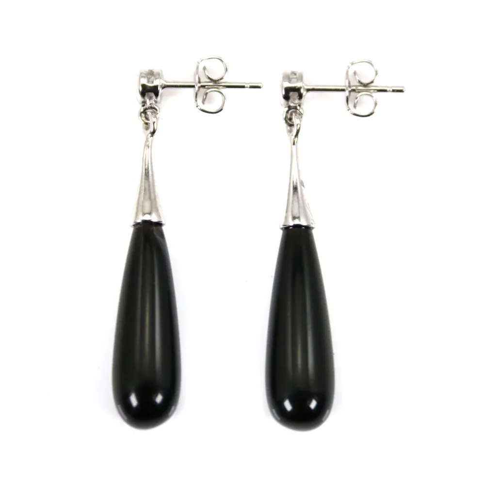 Brinco Obsidiana gota 7x23mm - Prata 925 Ródio x 2pcs