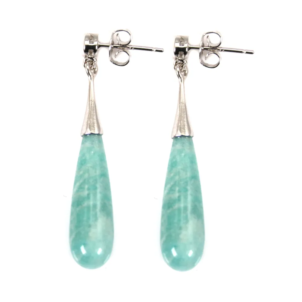 Brinco Gota Amazonita Peruana 7x23mm - Prata Esterlina com Ródio 925 x 2pcs