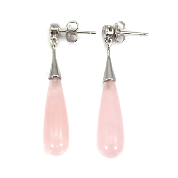 Boucles d'oreilles Quartz rose goutte 7x23mm - Argent 925 Rhodié x 2pcs