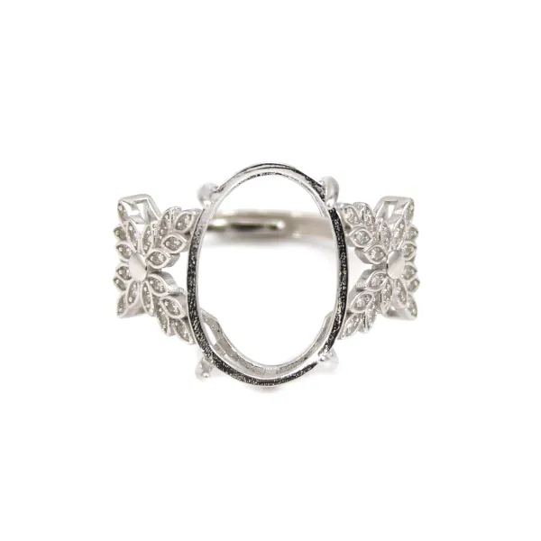 Bague réglable fleur pour cabochon 13x18mm - oxyde de zirconium & Argent 925 rhodié x 1pc