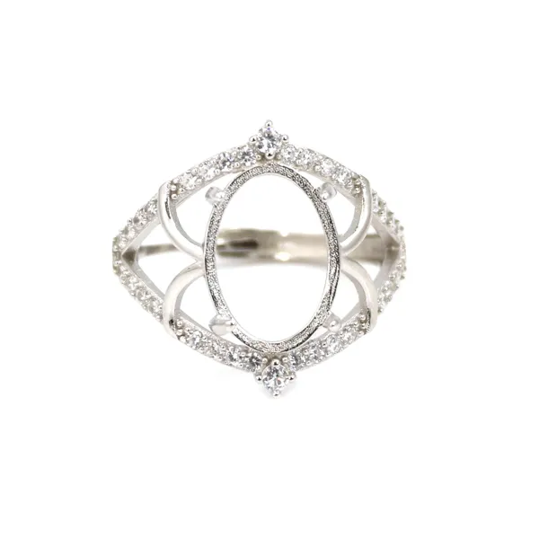 Bague réglable décorée pour cabochon 10x14mm - oxyde de zirconium & Argent 925 rhodié x 1pc