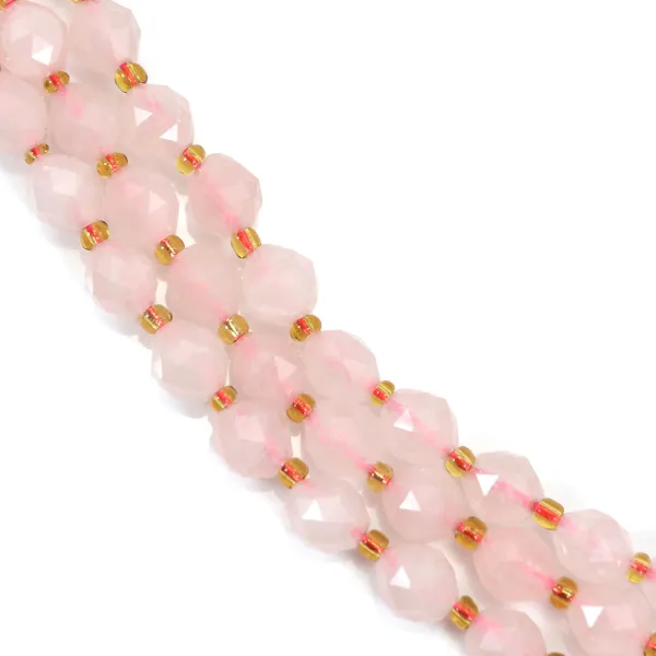 Cuarzo rosa facetado en forma de oliva de 6x8 mm x 39 cm.