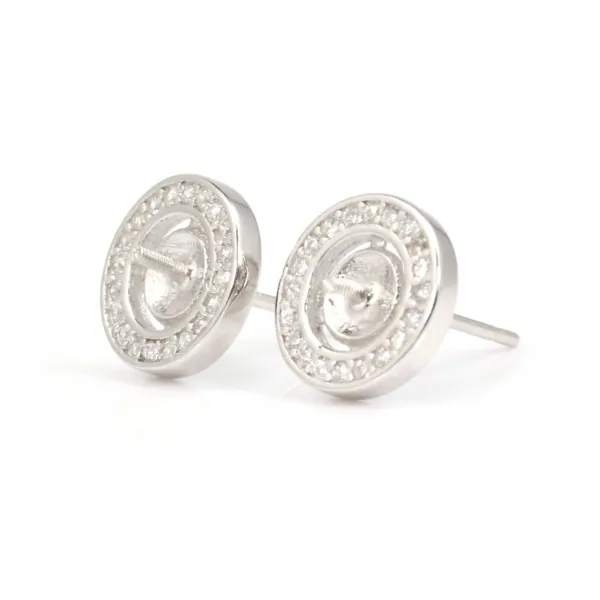 Earring stud round 925 silver rhodium-plated & zirconia 10mm cup 4mm x 2pcs