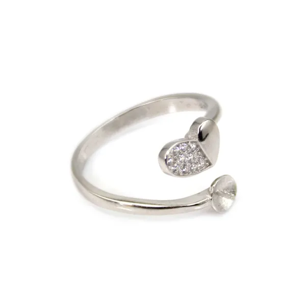 Bague réglable coeur demi pavé pour semi percée - oxyde de zirconium & Argent 925 rhodié x 1pc