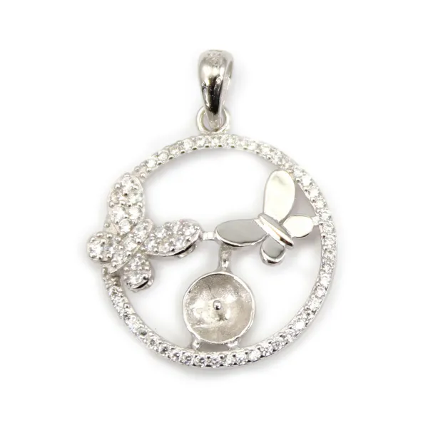 Strass double butterfly pendant for semi pierced 20x27mm - cubic zirconia & Rhodium plated Silver x 1pc