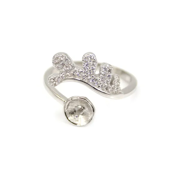 Adjustable wave rhinestone ring for semi pierced - cubic zirconia & Rhodium plated Silver x 1pc