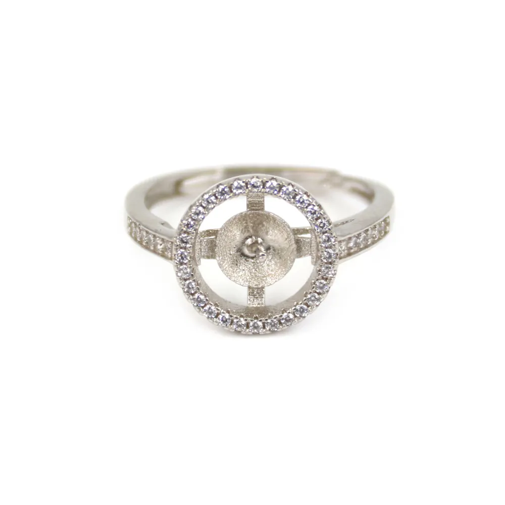 Bague réglable rond pavé pour semi percée - oxyde de zirconium & Argent 925 rhodié x 1pc