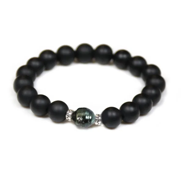 Tahitian Cultured Pearl & Black Onyx 10mm Bracelet - Elastic x 1pc