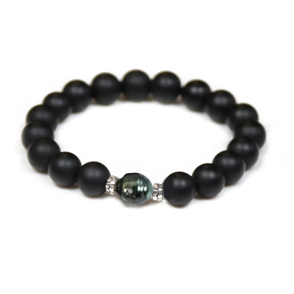 Matte black Agate bracelet & Tahitian cultured pearl