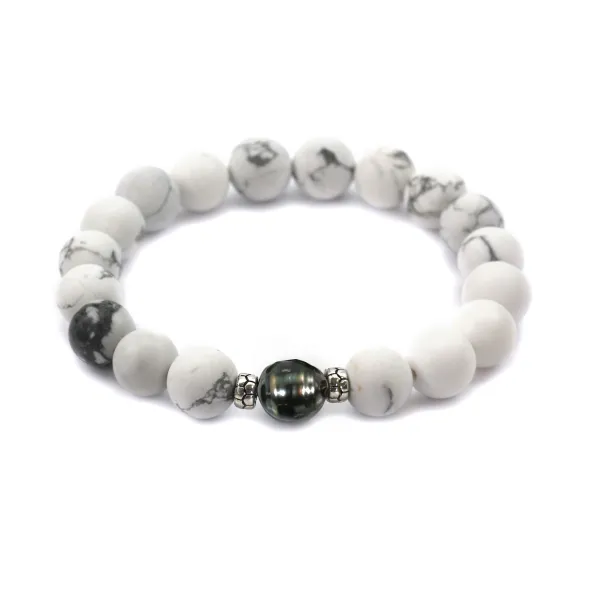 Tahitian cultured pearl & 10mm matte Howlite bracelet - Elastic x 1pc