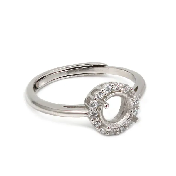 Bague réglable pavé pour serti rond 6mm -  oxyde de zirconium & Argent 925 rhodié x 1pc