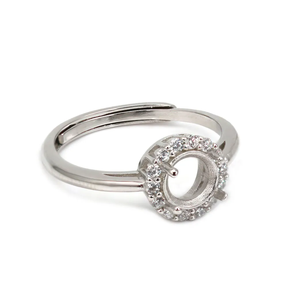 Adjustable pave ring for round setting 6mm - cubic zirconia & Rhodium-plated 925 Silver x 1pc