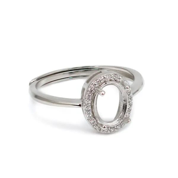 Anel ajustável com pavê para configuração oval 6x8mm - zircônia cúbica e prata 925 rodinada x 1 unidade