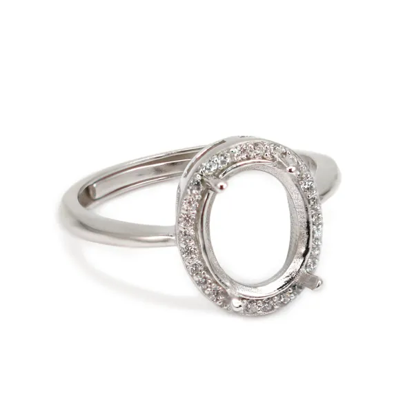 Bague réglable pavé pour serti ovale 8x10mm -  oxyde de zirconium & Argent 925 rhodié x 1pc