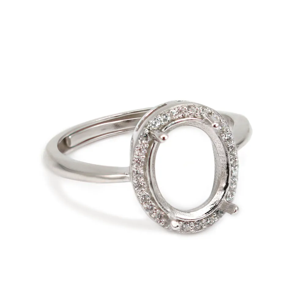 Anel ajustável com pavê para montagem oval 8x10mm - zircônia cúbica e prata 925 rodinada x 1 unidade