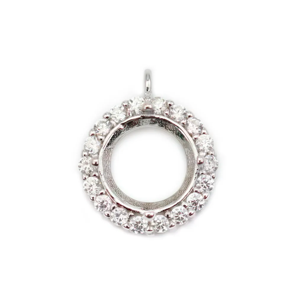 Pingente pavé para engaste redondo de 8mm - zircônia cúbica e Prata 925 rodinada x 1 unidade