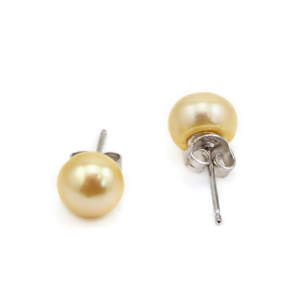 Brinco prata 925 pérola de água doce amarela 8mm x 2pcs