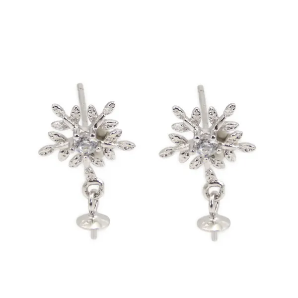 Earrings snowflake for semi pierced 11x18mm - zirconium oxide & Rhodium-plated Silver x 2pcs