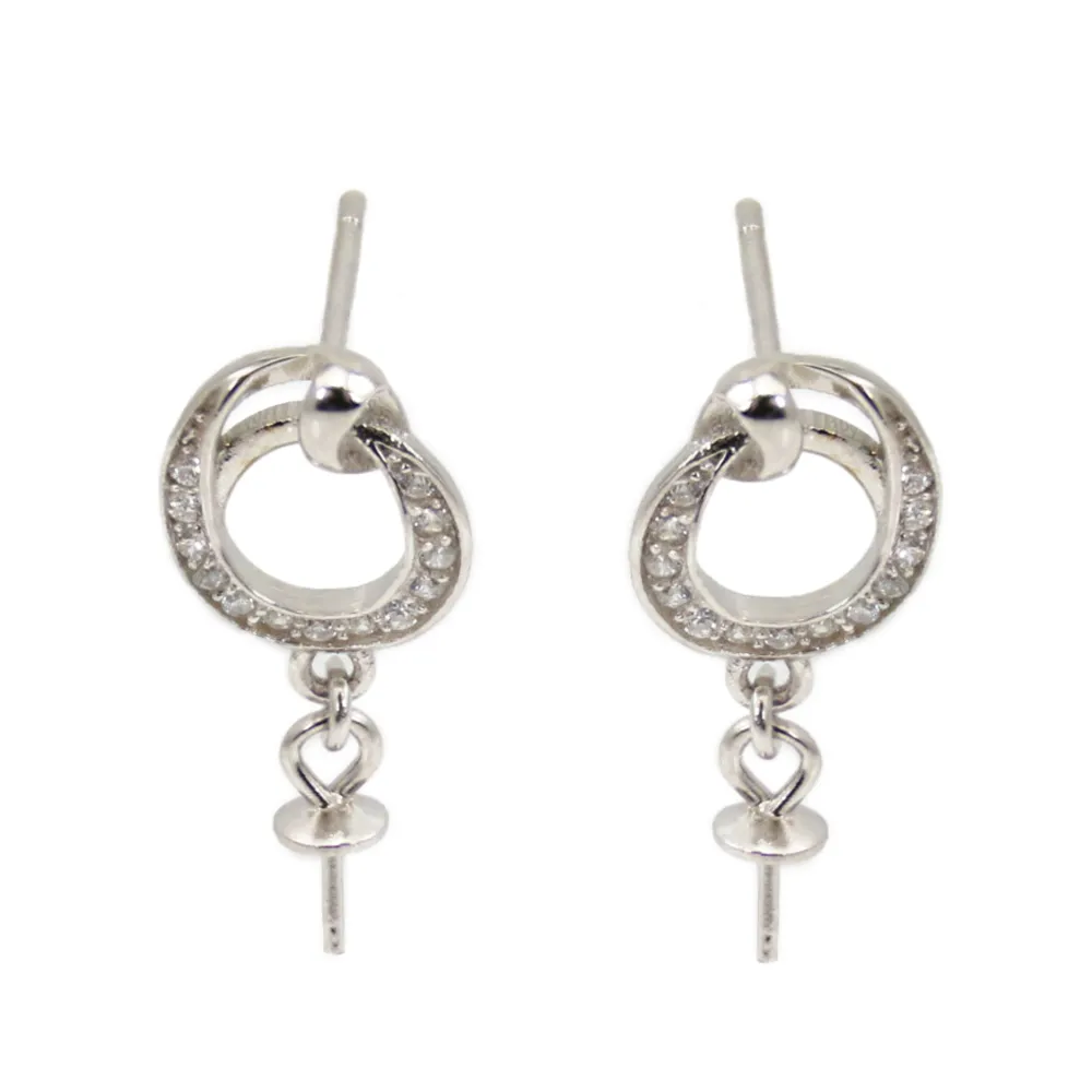 Stylized oval ear studs for semi-pierced ears 8x18mm - zirconium oxide & Rhodium-plated Silver x 2pcs