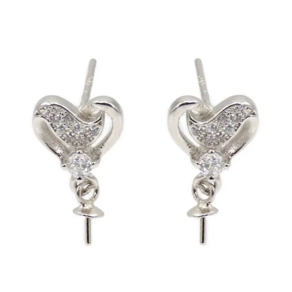 Earrings heart for semi-pierced 8x15mm - zirconium oxide & Rhodium-plated Silver x 2pcs
