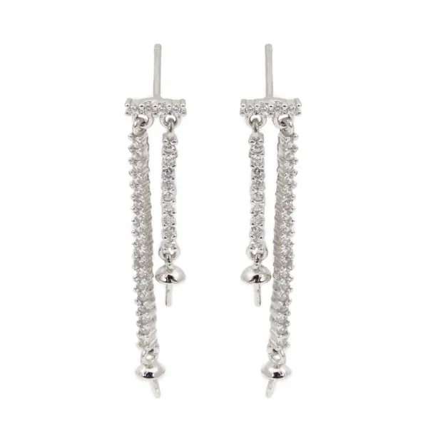 Clous d'oreilles double barres pavés pour semi percée 6x34mm - oxyde zirconium & Argent 925 rhodié x 2pcs